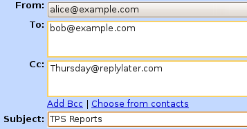Alice emails Bob and sets a reminder for herself. Alice will be reminded about this email on Thursday.